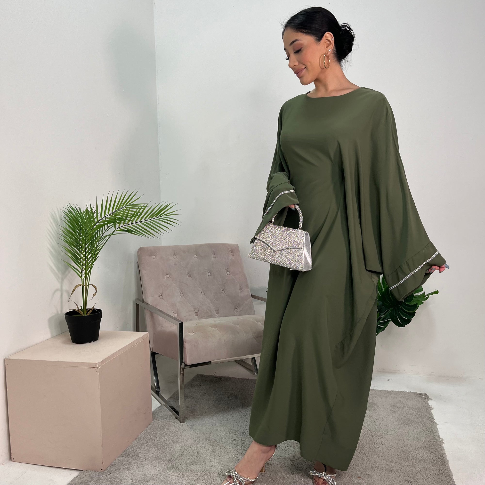 Nars Khaki Diamante Sleeve Kaftan Dress