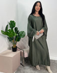 Safiya Khaki Batwing Cape Fur Sleeve Satin Modest Kaftan Dress