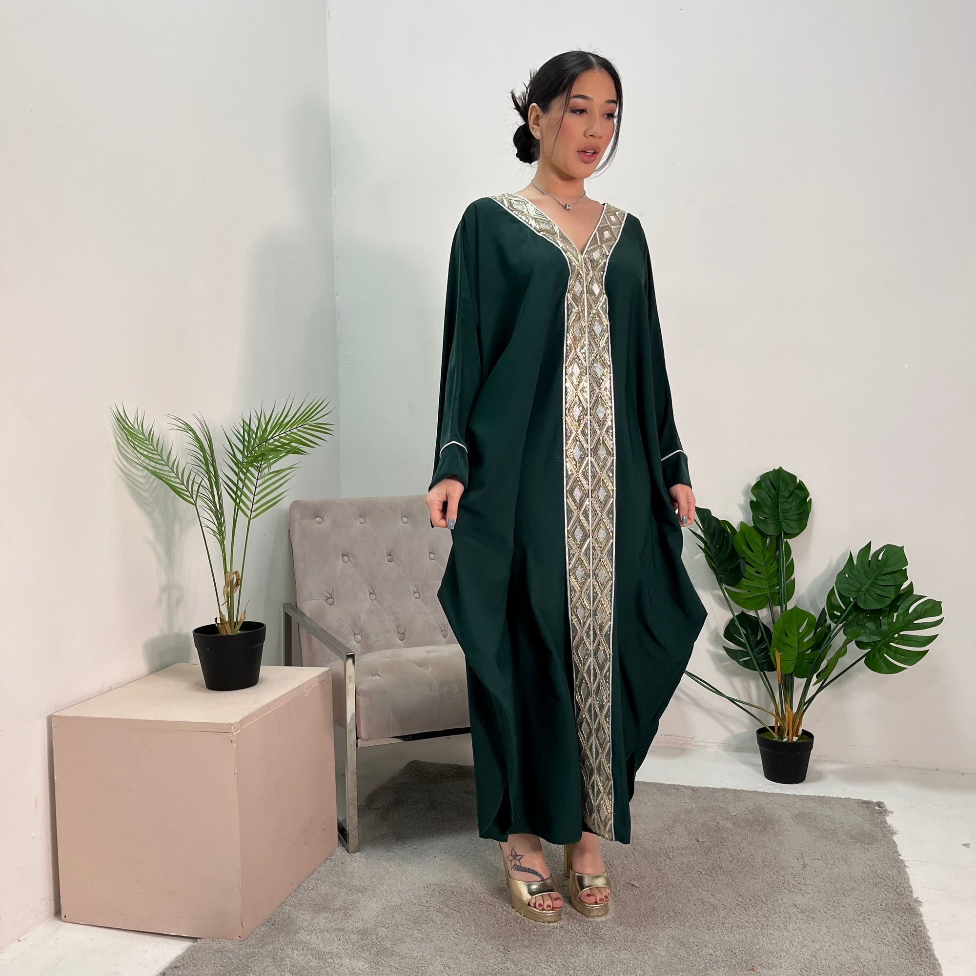 Arooj Emerald Green Sequin Trim V Neck Kaftan Abaya Dress