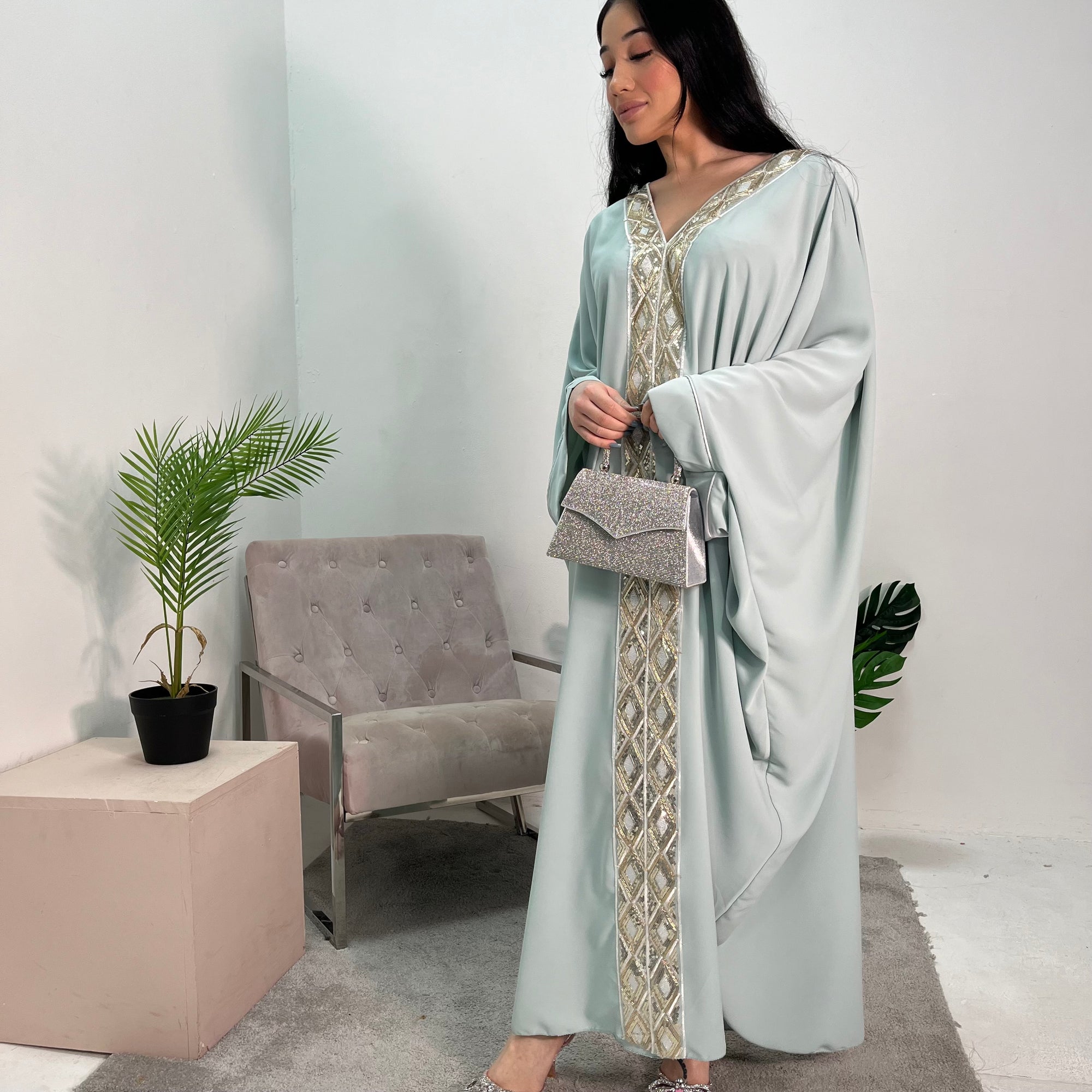 Arooj Mint Sequin Trim V Neck Kaftan Abaya Dress