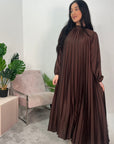 Reha Chocolate Pleated Long Satin Dress