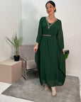 Mehak Emerald Green Embellished Detail Belted Dress With Flare Sleeves