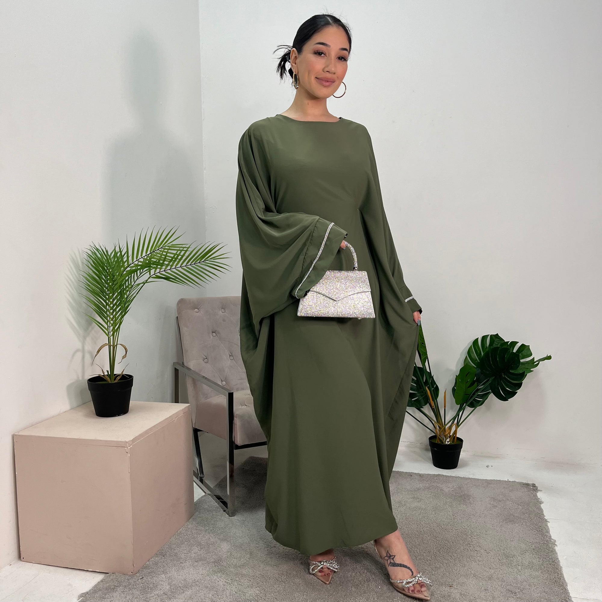 Nars Khaki Diamante Sleeve Kaftan Dress