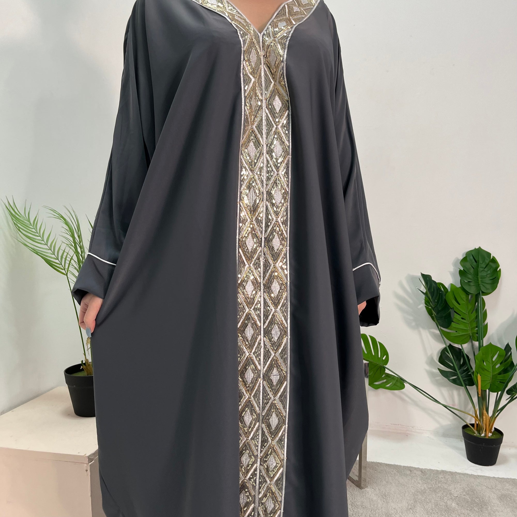 Arooj Charcoal Blue Sequin Trim V Neck Kaftan Abaya Dress