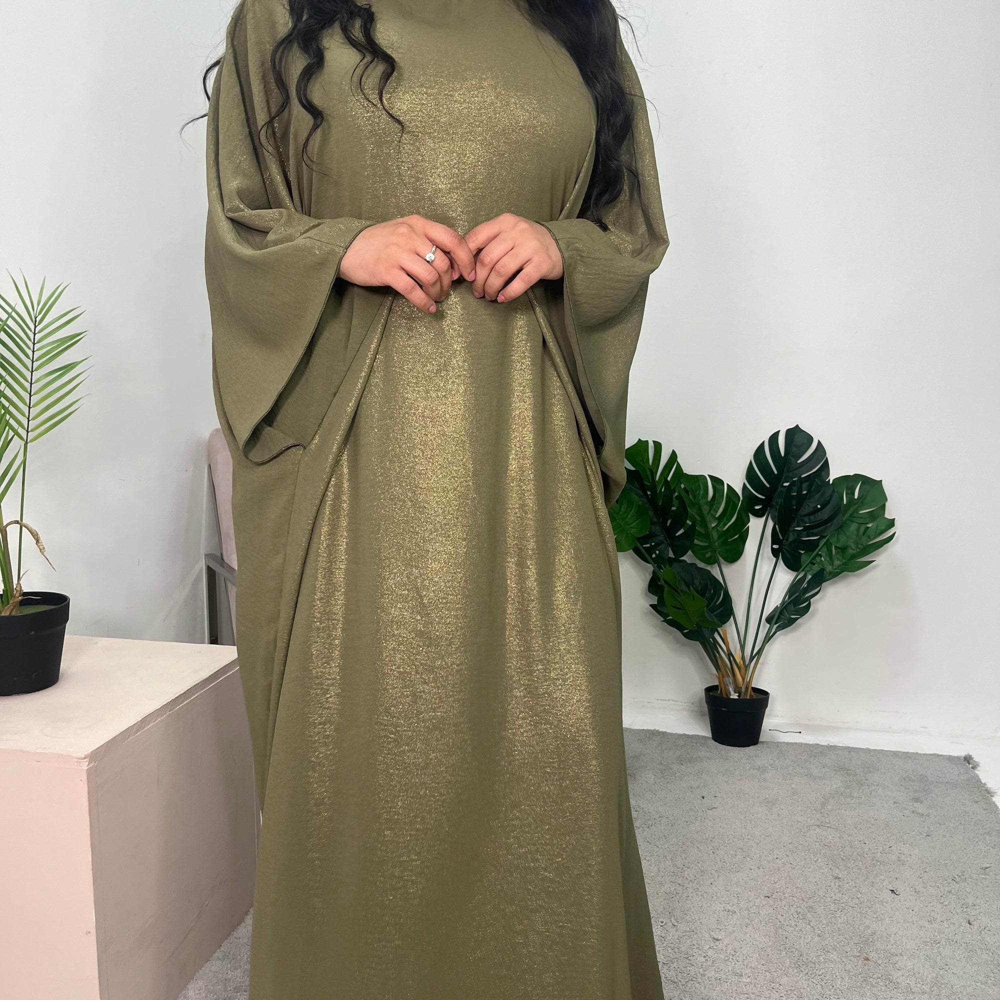 Ayra Khaki Shimmer Tie Kaftan Dress