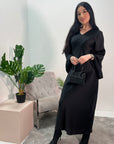 Fiza Black V-neck Fitted Flare Sleeve Satin Dress