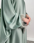 Safiya Mint Batwing Cape Fur Sleeve Satin Modest Kaftan Dress