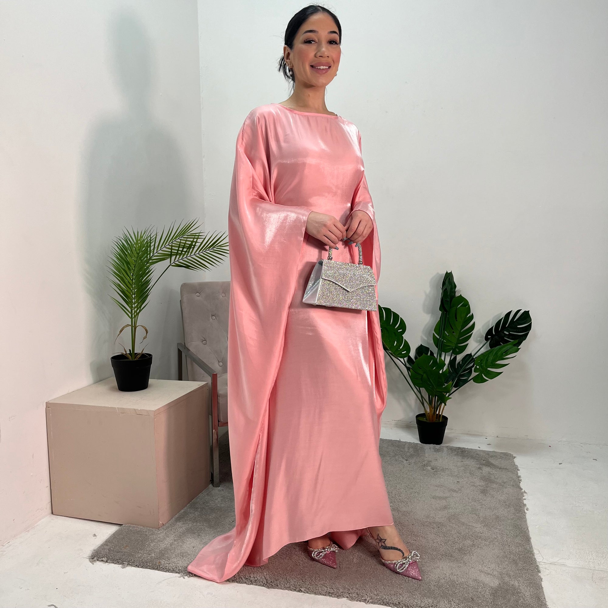 Zayna Light Pink Shimmer Tie Kaftan Dress