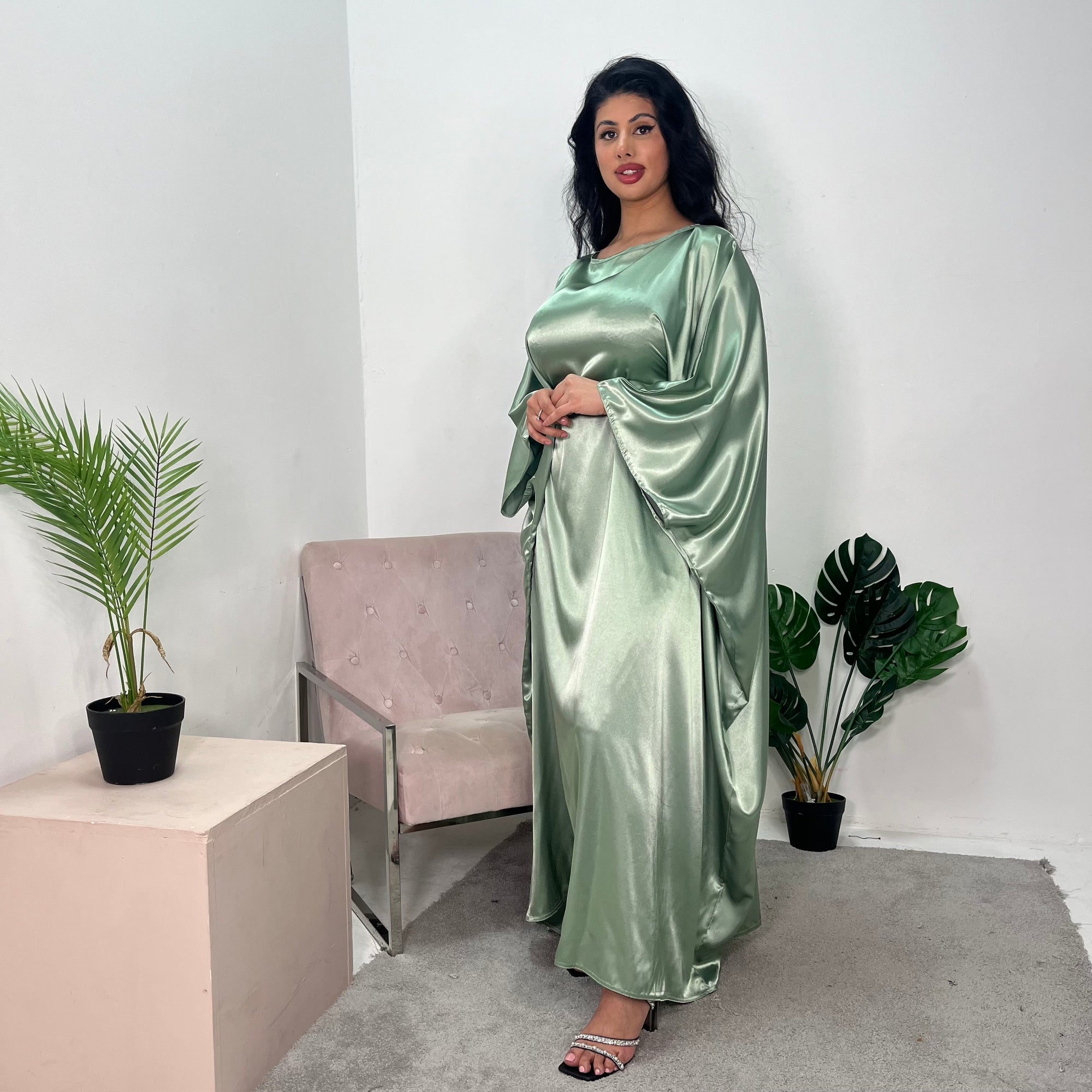 Ziyrah Sage Green Quality Satin Kaftan Dress – House Of Haniya Ziyrah Sage Green Quality Satin Kaftan Dress – House Of Haniya