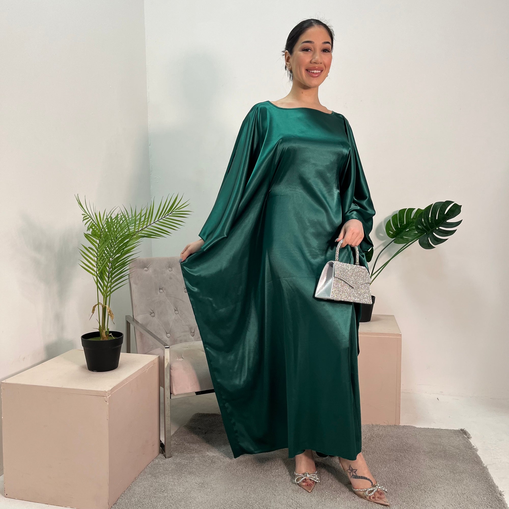 Sehr Emerald Green Quality Satin Plain Tie kaftan Dress House Of Haniya Sehr Emerald Green Quality Satin Plain Tie kaftan Dress House Of Haniya