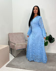 Ariana Sky Blue Lace Detail Tie Back Frill Sleeve Dress