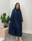 Reha Midnight Blue Pleated Long Satin Dress