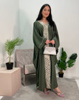 Arooj Khaki Sequin Trim V Neck Kaftan Abaya Dress