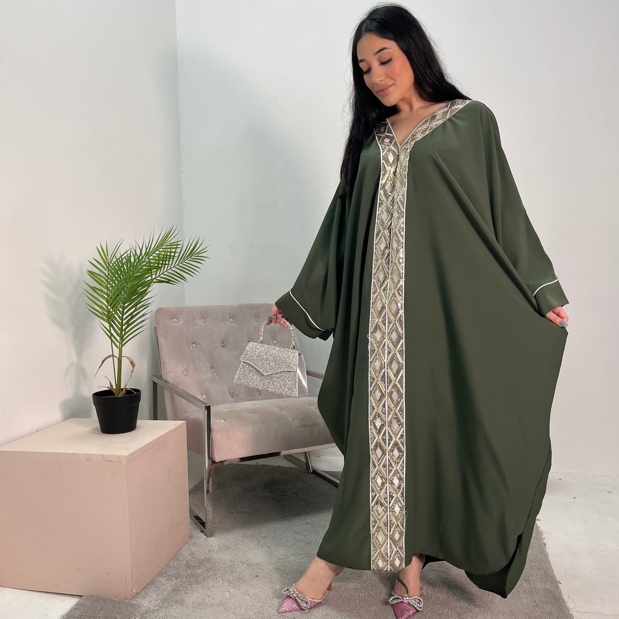 Arooj Khaki Sequin Trim V Neck Kaftan Abaya Dress