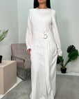 Yasmina White Linen Buckle Tie Waist Dress