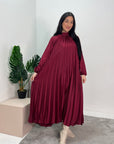 Reha Wine Pleated Long Satin Dress