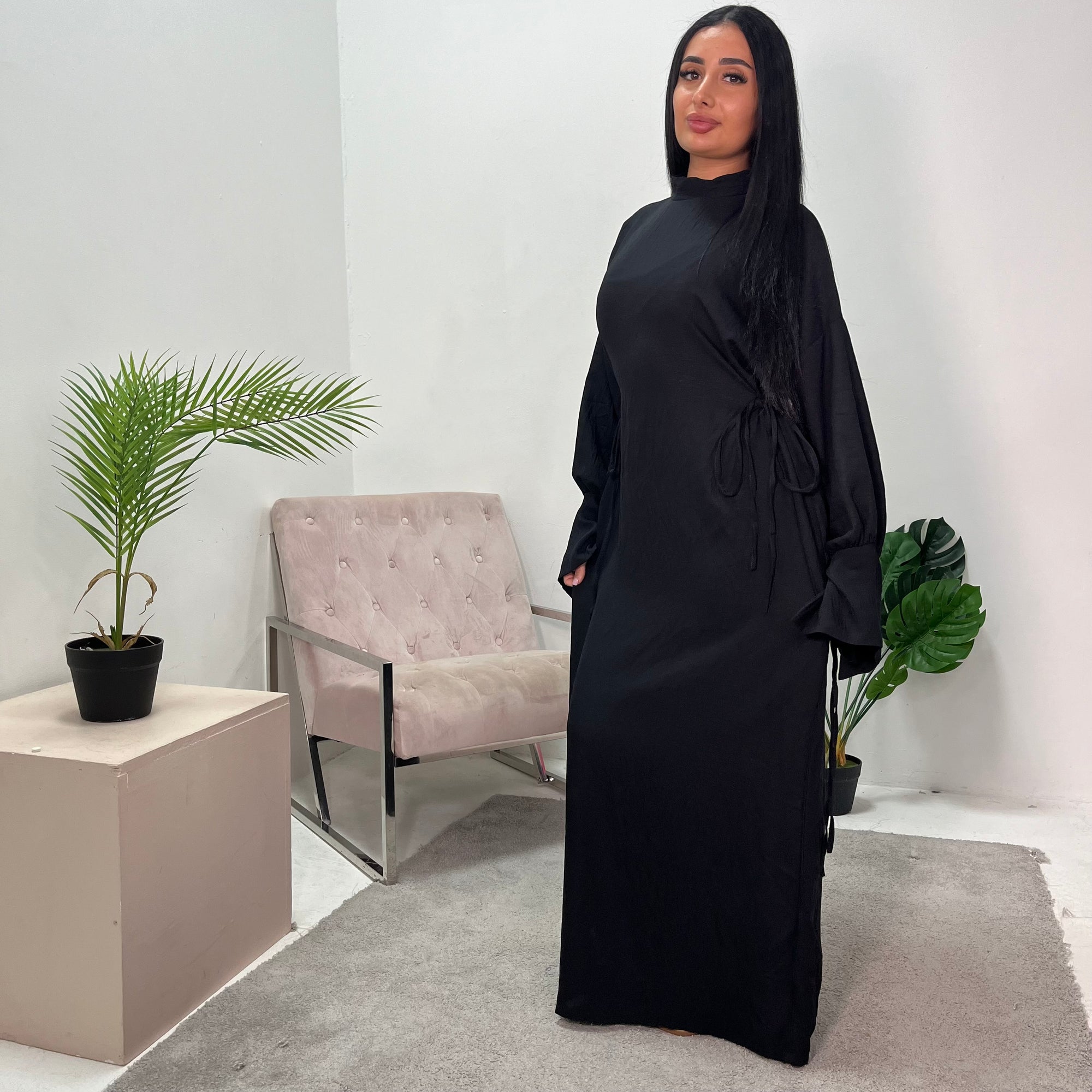 high neck black linen dress Women's Black Linen-Blend Maxi Dress With High Neck & Side Pockets, Ti Modesees
