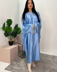 Safiya Blue Batwing Cape Fur Sleeve Satin Modest Kaftan Dress