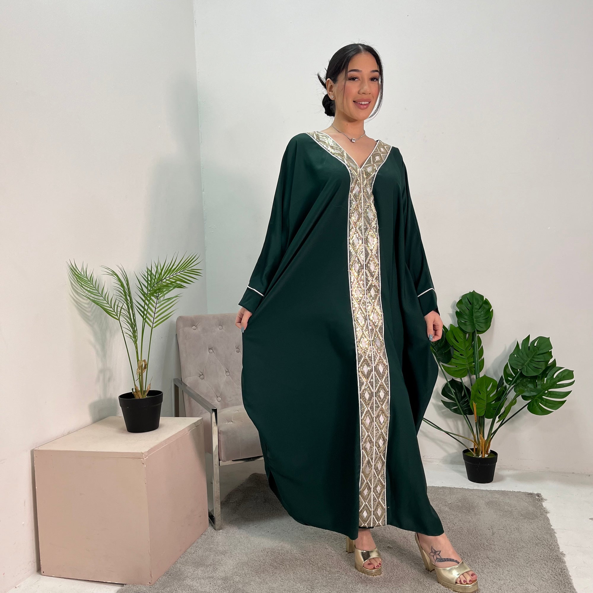 Arooj Emerald Green Sequin Trim V Neck Kaftan Abaya Dress