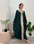 Arooj Emerald Green Sequin Trim V Neck Kaftan Abaya Dress