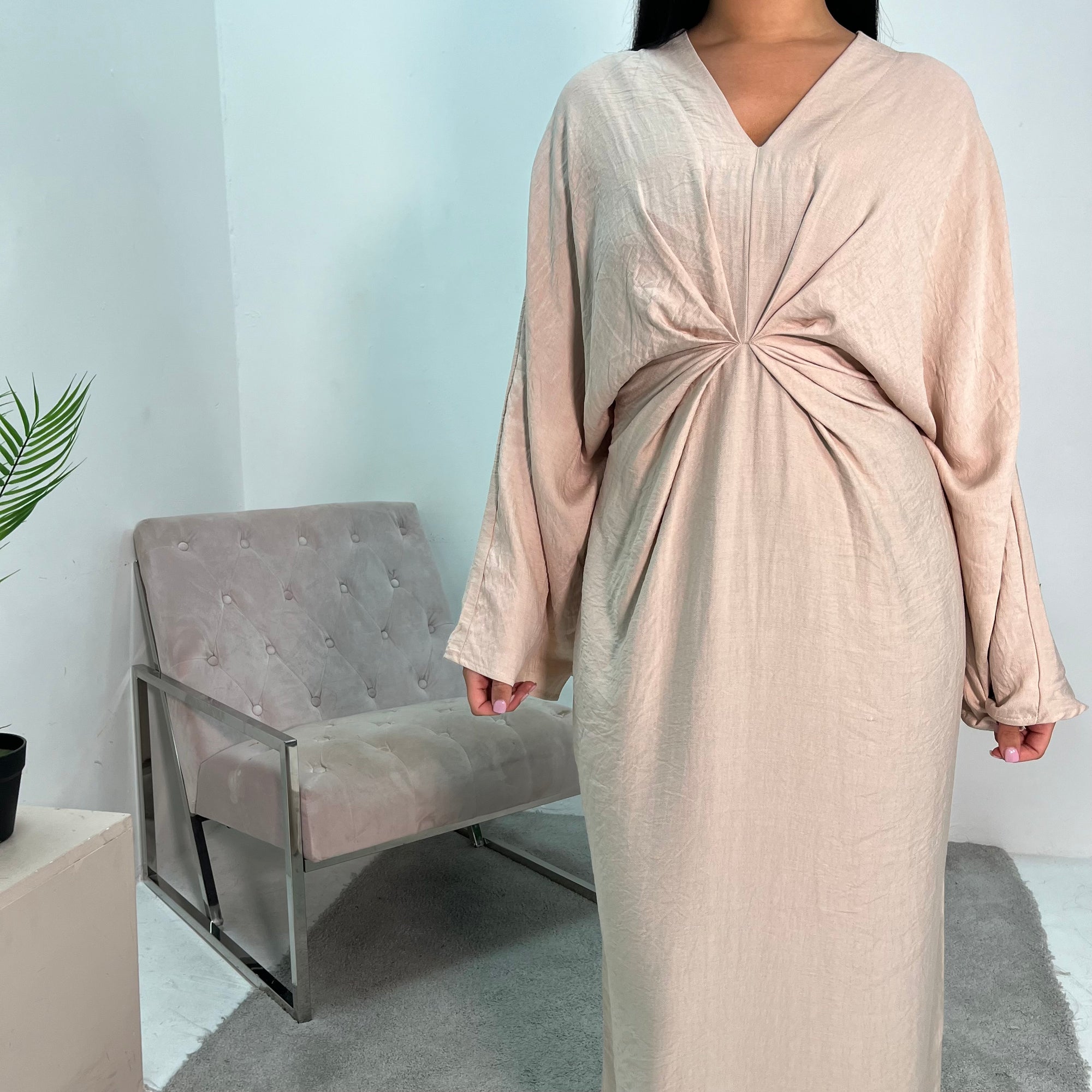 Disha Beige Summer Linen V-Neck Tie Dress