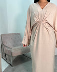 Disha Beige Summer Linen V-Neck Tie Dress