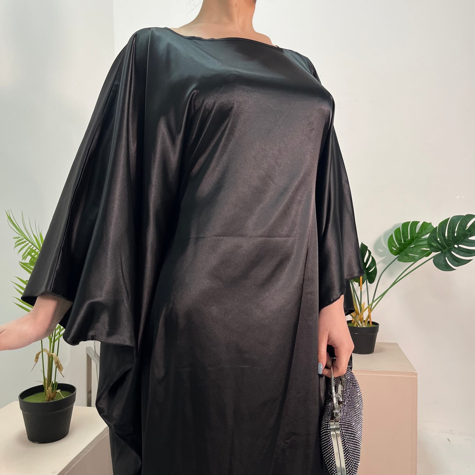 Sehr Black Quality Satin Plain Tie kaftan Dress House Of Haniya Sehr Black Quality Satin Plain Tie kaftan Dress House Of Haniya