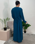 Safa Teal Gold Detail Trim Belted Maxi Abaya Dress