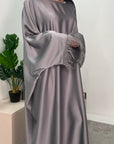 Safiya Grey Batwing Cape Fur Sleeve Satin Modest Kaftan Dress