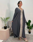 Arooj Charcoal Blue Sequin Trim V Neck Kaftan Abaya Dress