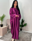 Safiya Magenta Batwing Cape Fur Sleeve Satin Modest Kaftan Dress