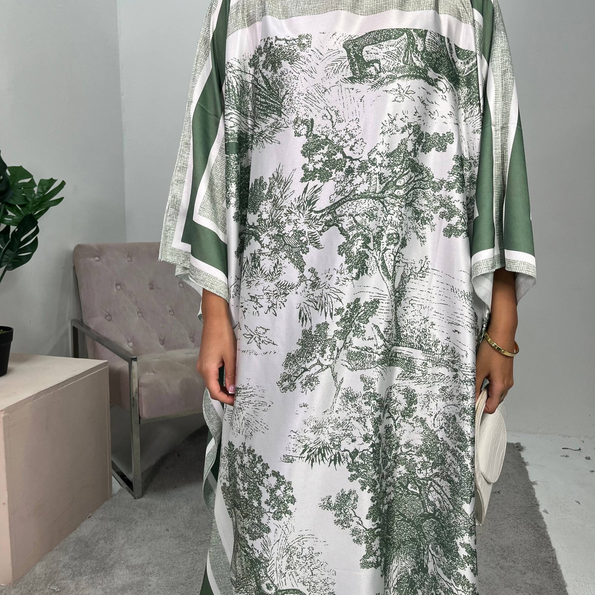 Saniyah Green Floral Slit Sleeve Kaftan Dress