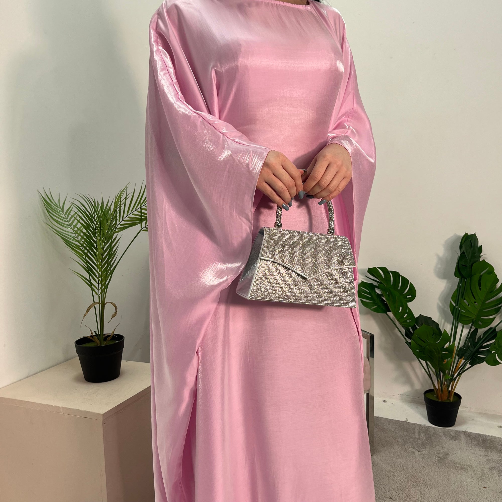 Zayna Light Pink Shimmer Tie Kaftan Dress