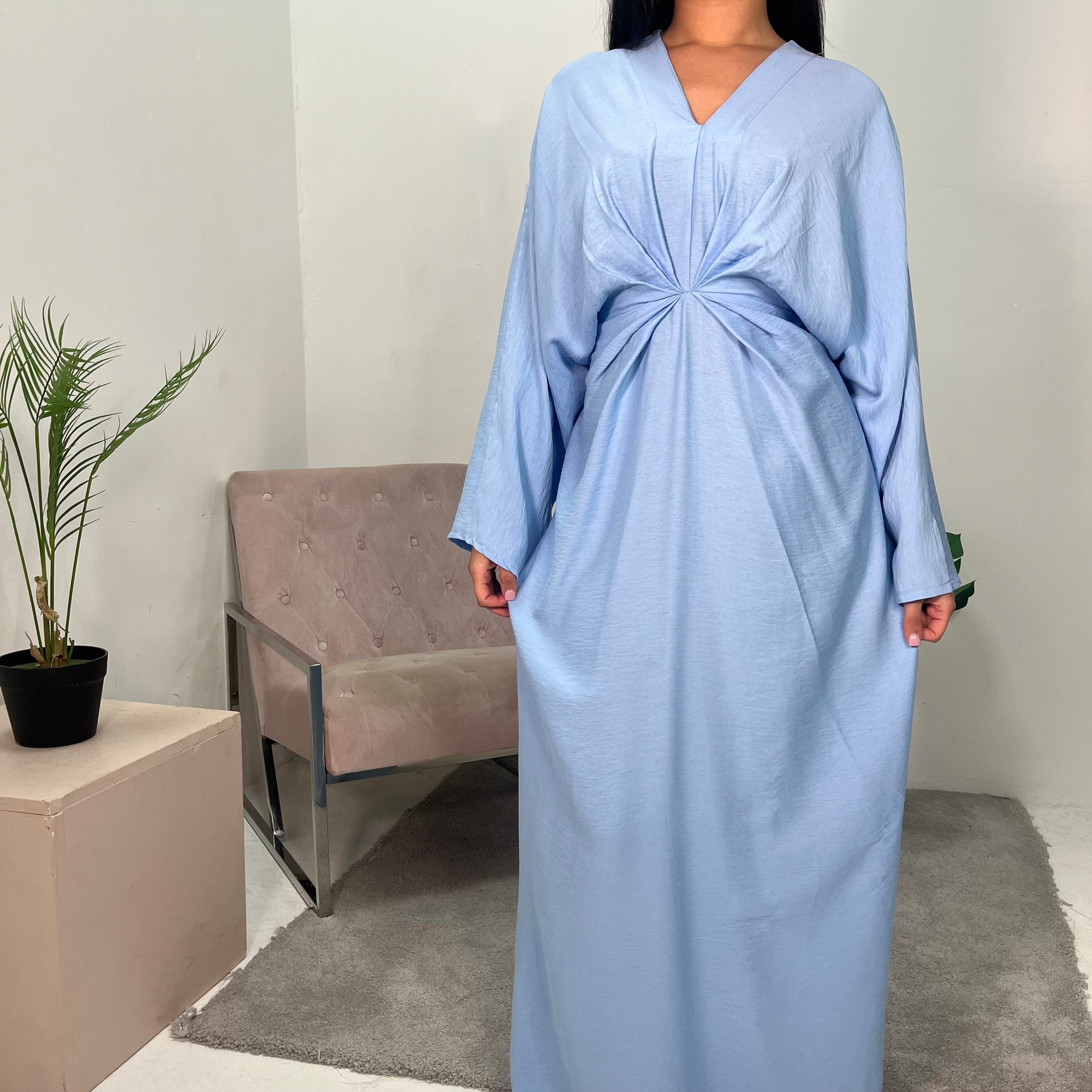 Disha Sky Blue Summer Linen V-Neck Tie Dress