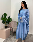 Safiya Blue Batwing Cape Fur Sleeve Satin Modest Kaftan Dress