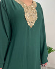 Safa Emerald Green Gold Detail Trim Belted Maxi Abaya Dress