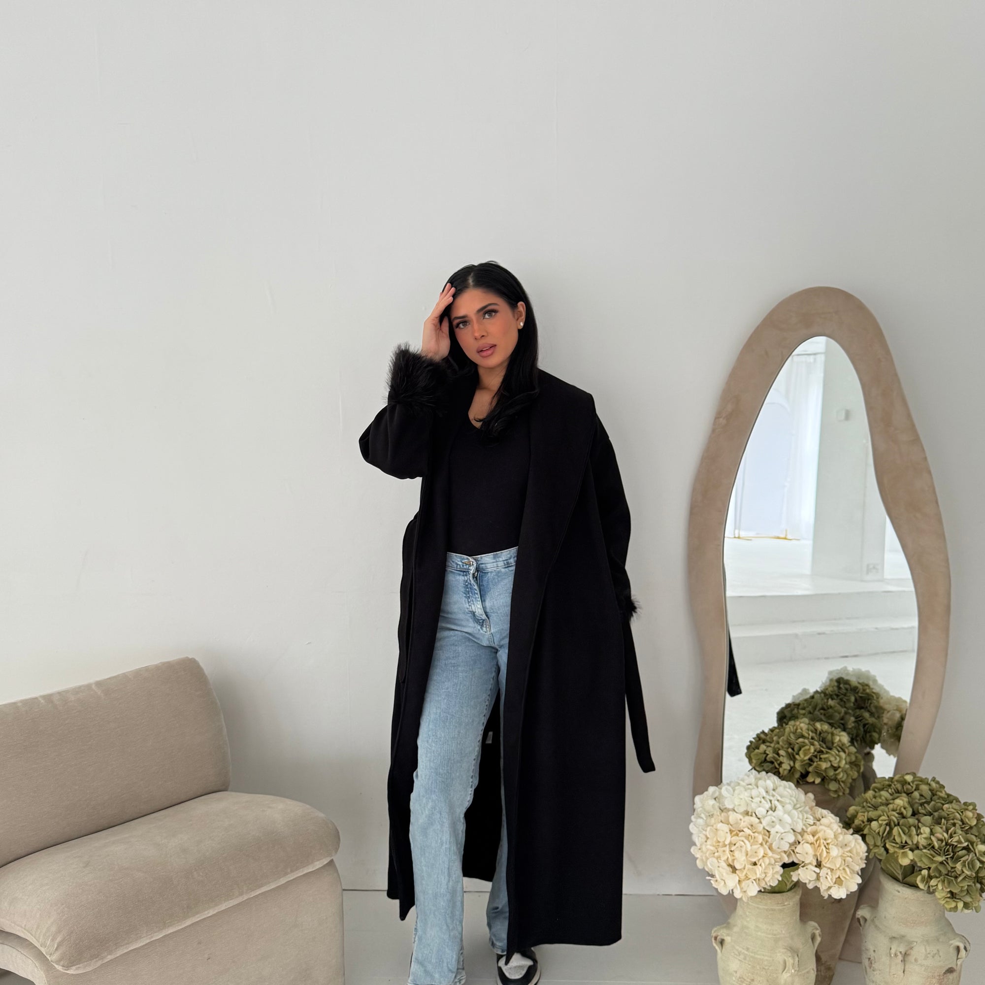 Mona Black Fur Sleeve Belted Coat