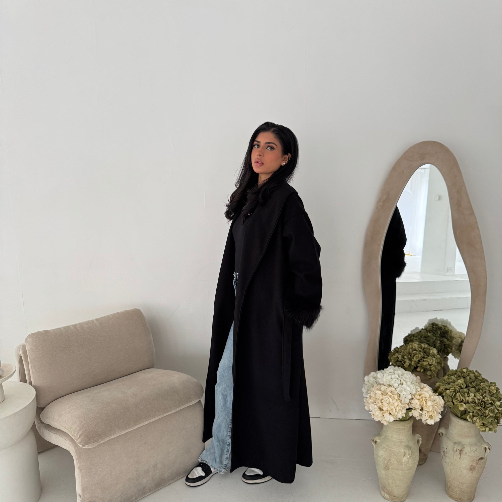 Mona Black Fur Sleeve Belted Coat