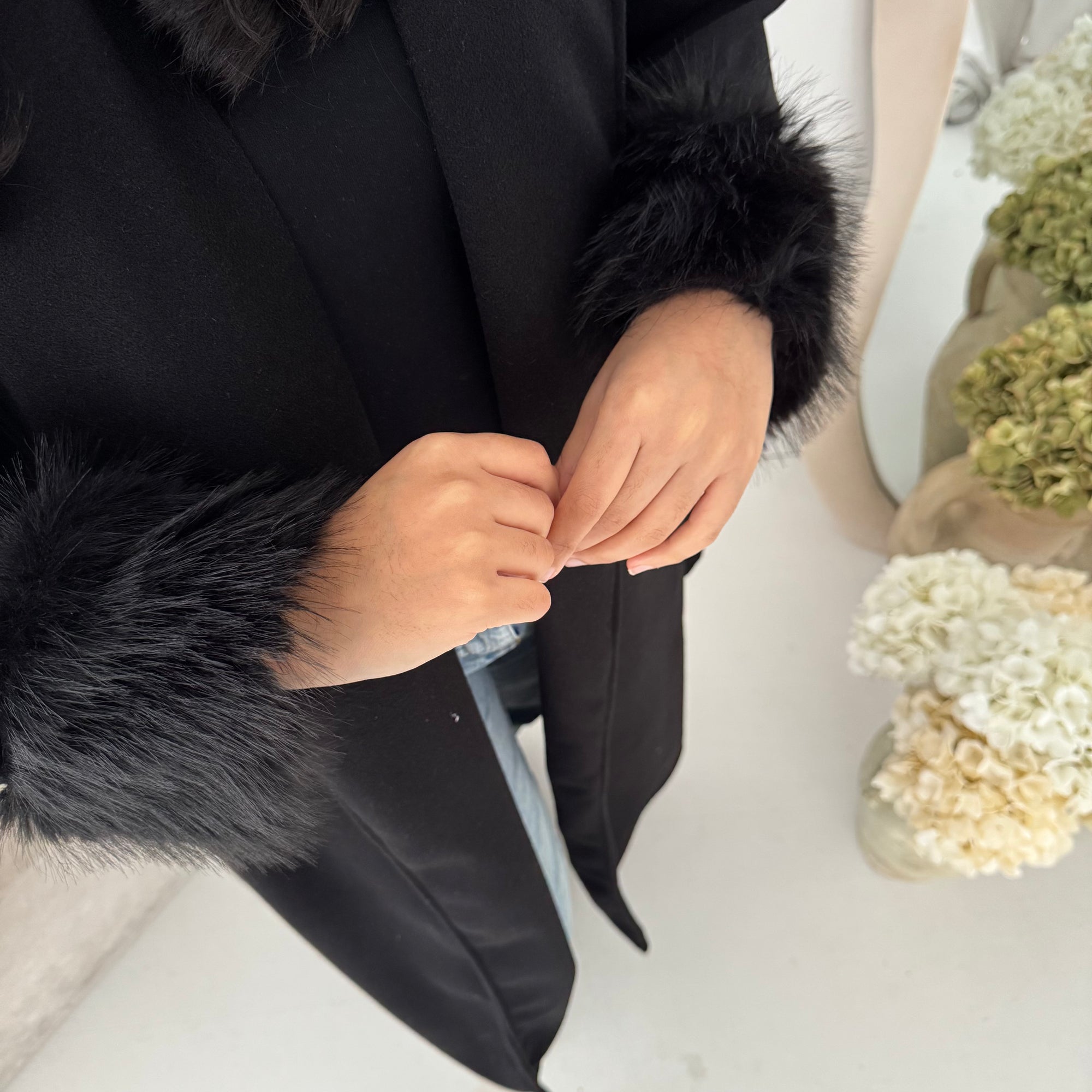 Mona Black Fur Sleeve Belted Coat