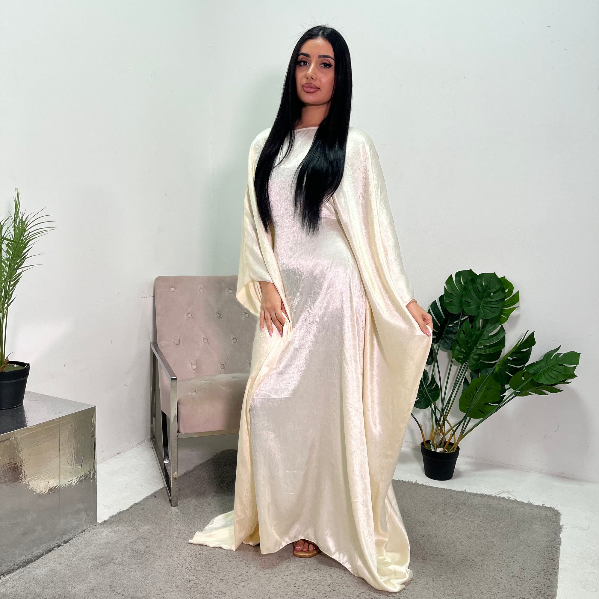 cream kaftan dress Premium Fabric Cream Kaftan with Multicolor Side Panel & Neck Embroide Maxim Creation
