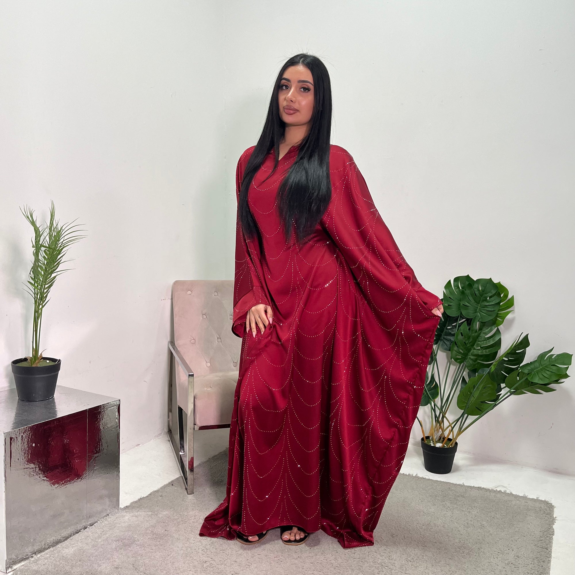 Azana Wine Diamante V-Neck Kaftan Dress