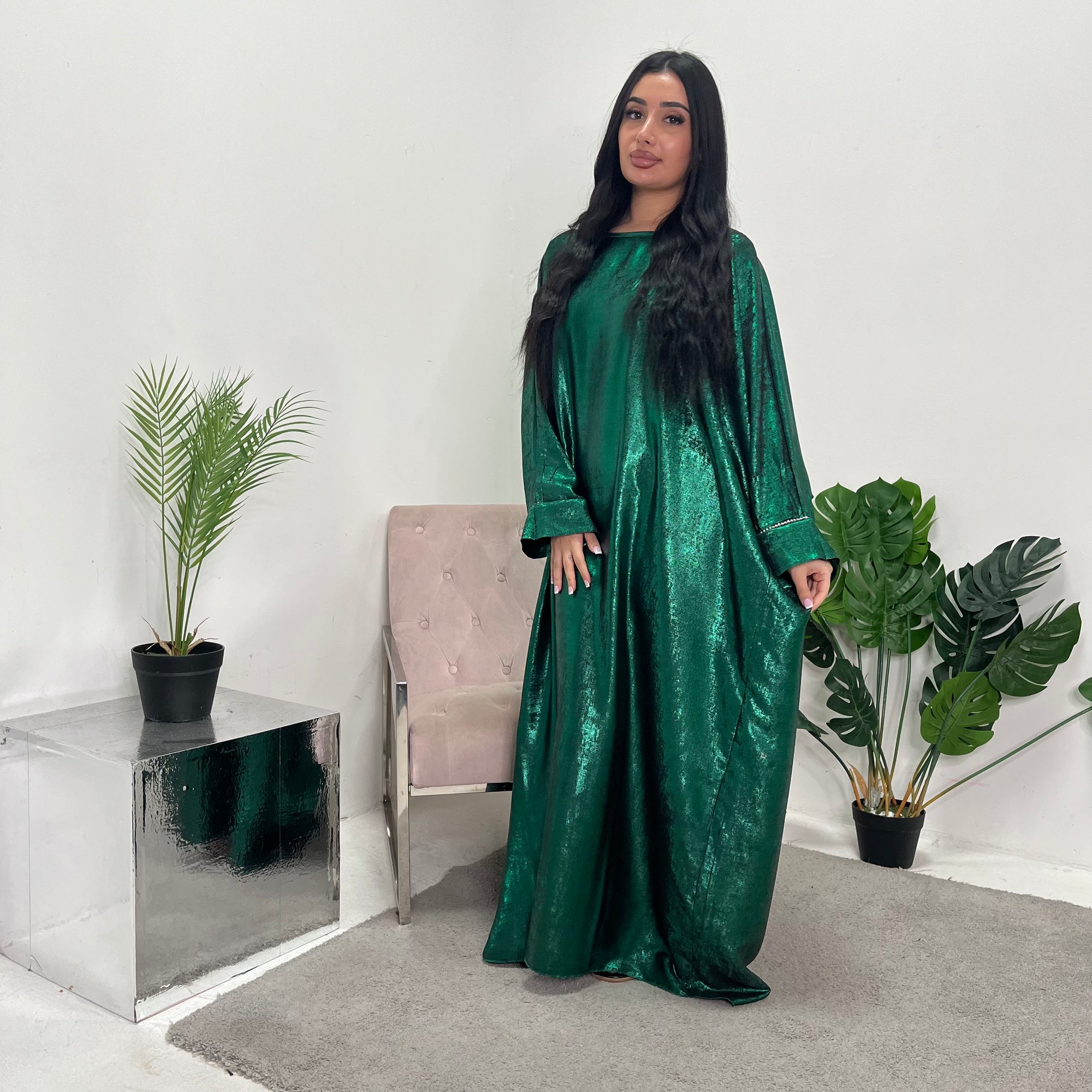 Licia Emerald Green Metallic Sequin Sleeve Modest Kaftan Dress House Of Haniya Licia Emerald Green Metallic Sequin Sleeve Modest Kaftan Dress House Of Haniya