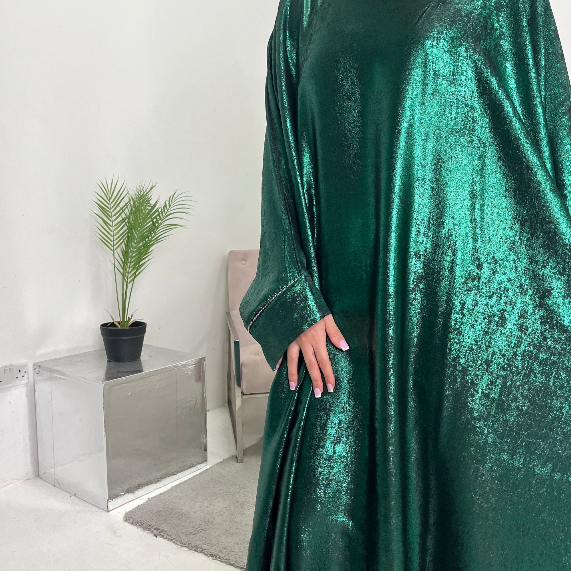 Licia Emerald Green Metallic Sequin Sleeve Modest Kaftan Dress House Of Haniya Licia Emerald Green Metallic Sequin Sleeve Modest Kaftan Dress House Of Haniya