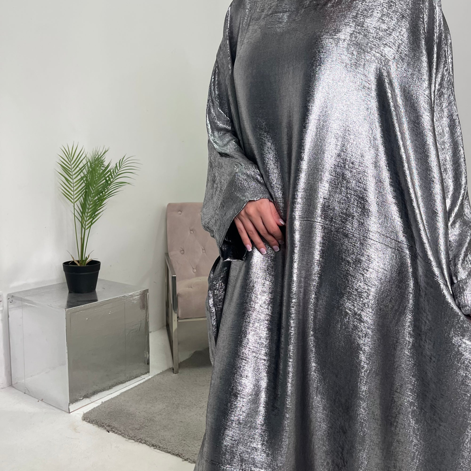 Licia Silver Metallic Sequin Sleeve Modest Kaftan Dress – House Of Haniya Licia Silver Metallic Sequin Sleeve Modest Kaftan Dress – House Of Haniya