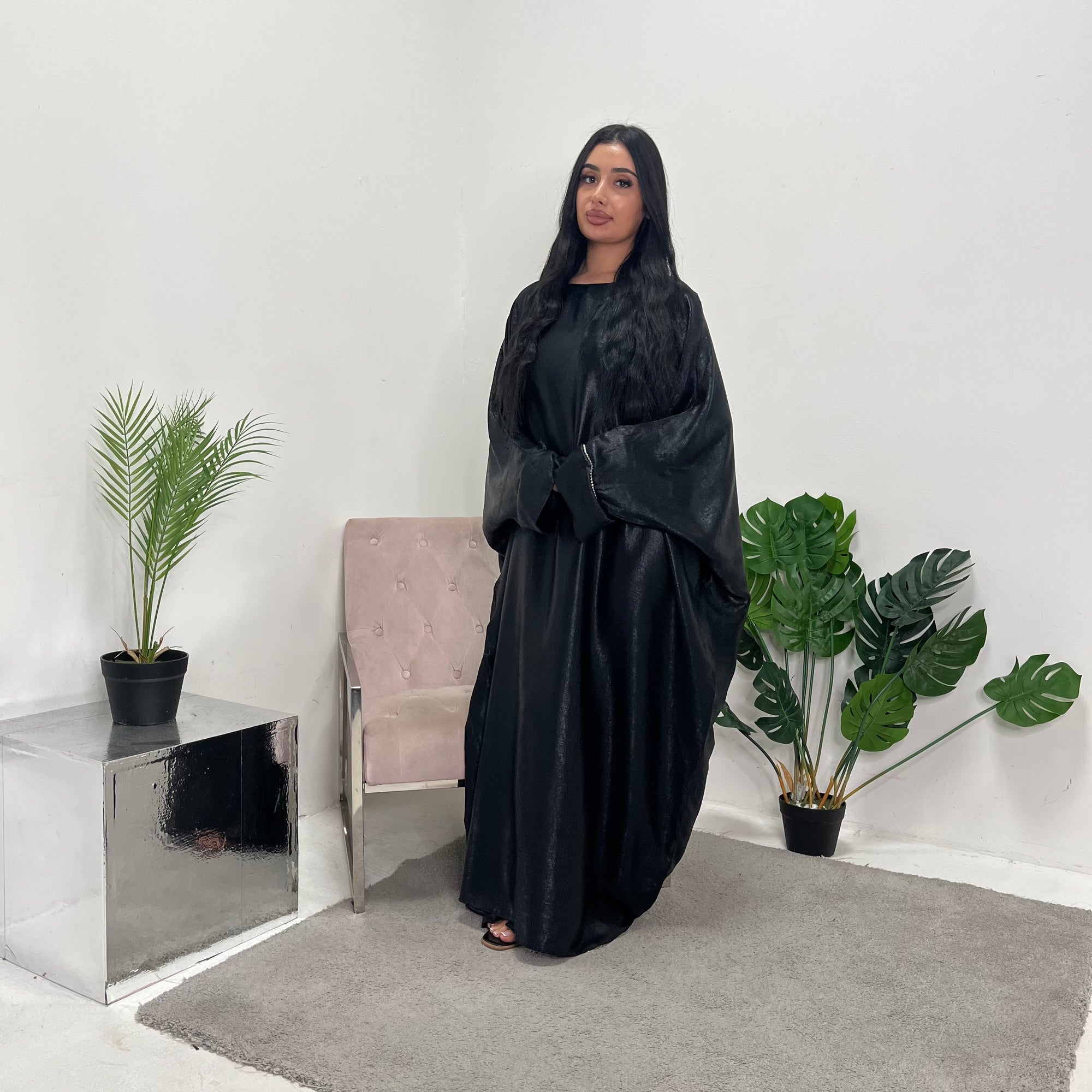 Licia Black Metallic Sequin Sleeve Modest Kaftan Dress