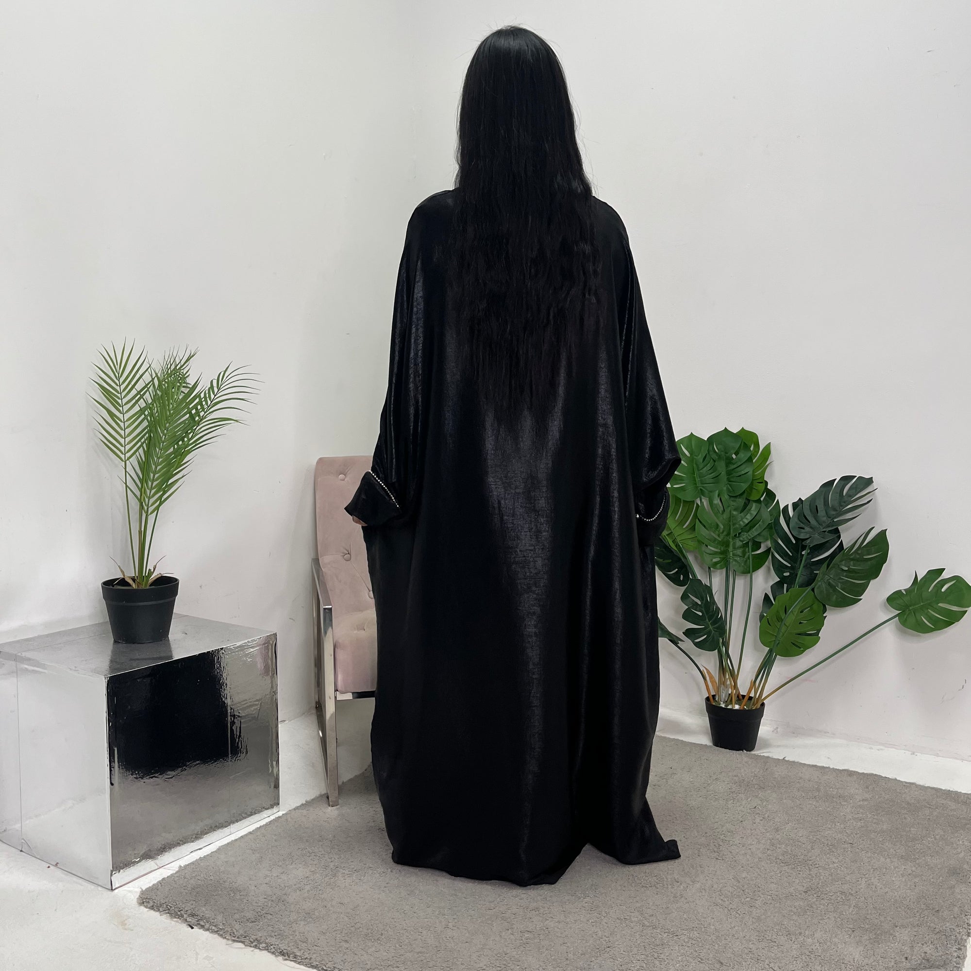 Licia Black Metallic Sequin Sleeve Modest Kaftan Dress