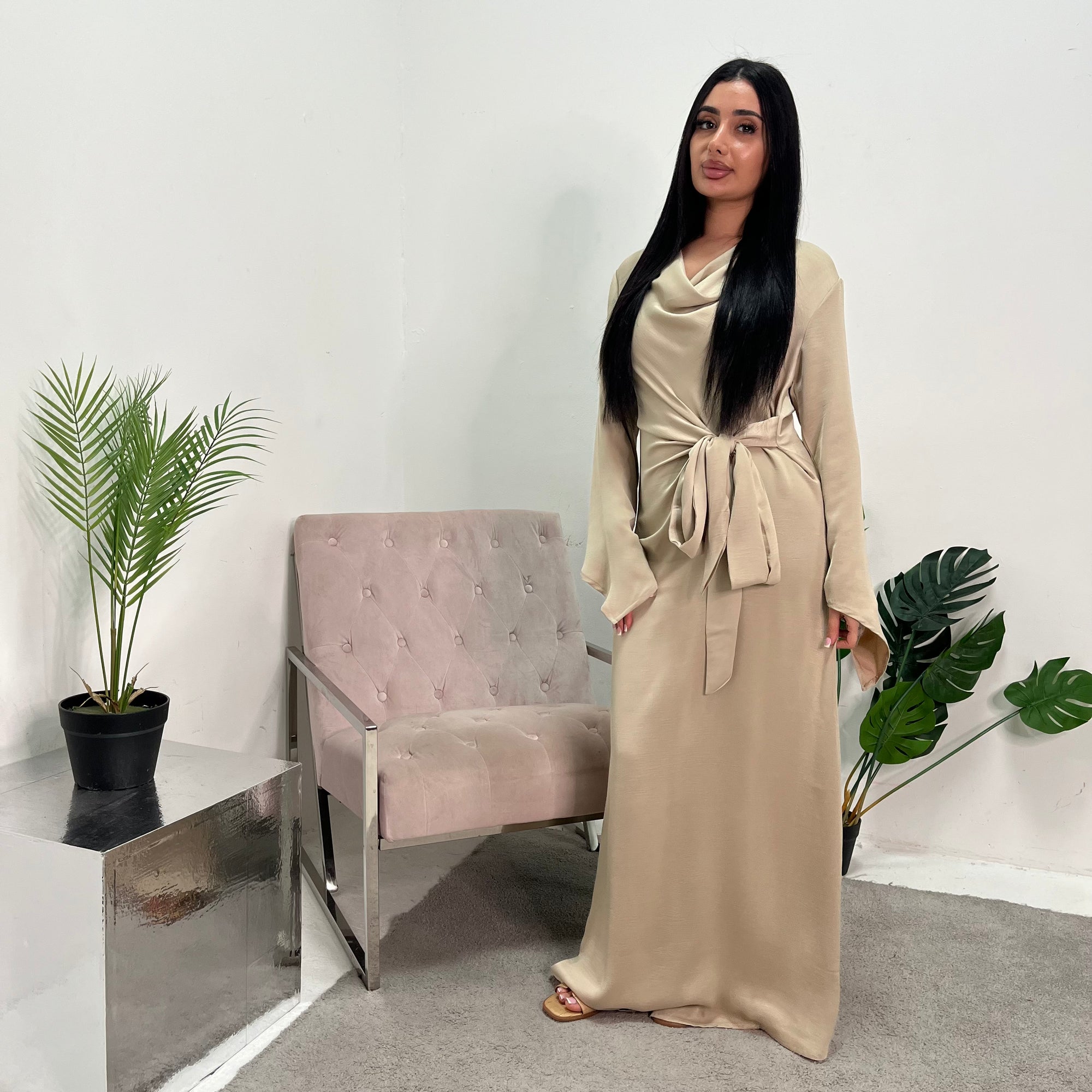 beige cowl neck dress HIGH COWL NECK MAXI DRESS