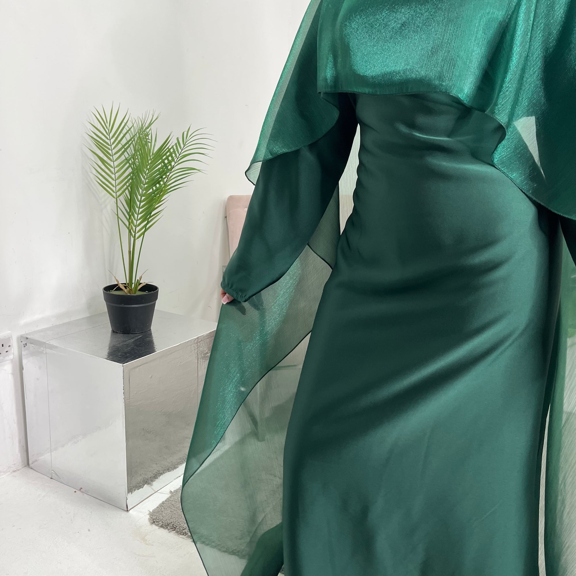 Miranda Emerald Green Two Piece Satin Dress With Mesh Cape House Of Haniya Miranda Emerald Green Two Piece Satin Dress With Mesh Cape House Of Haniya