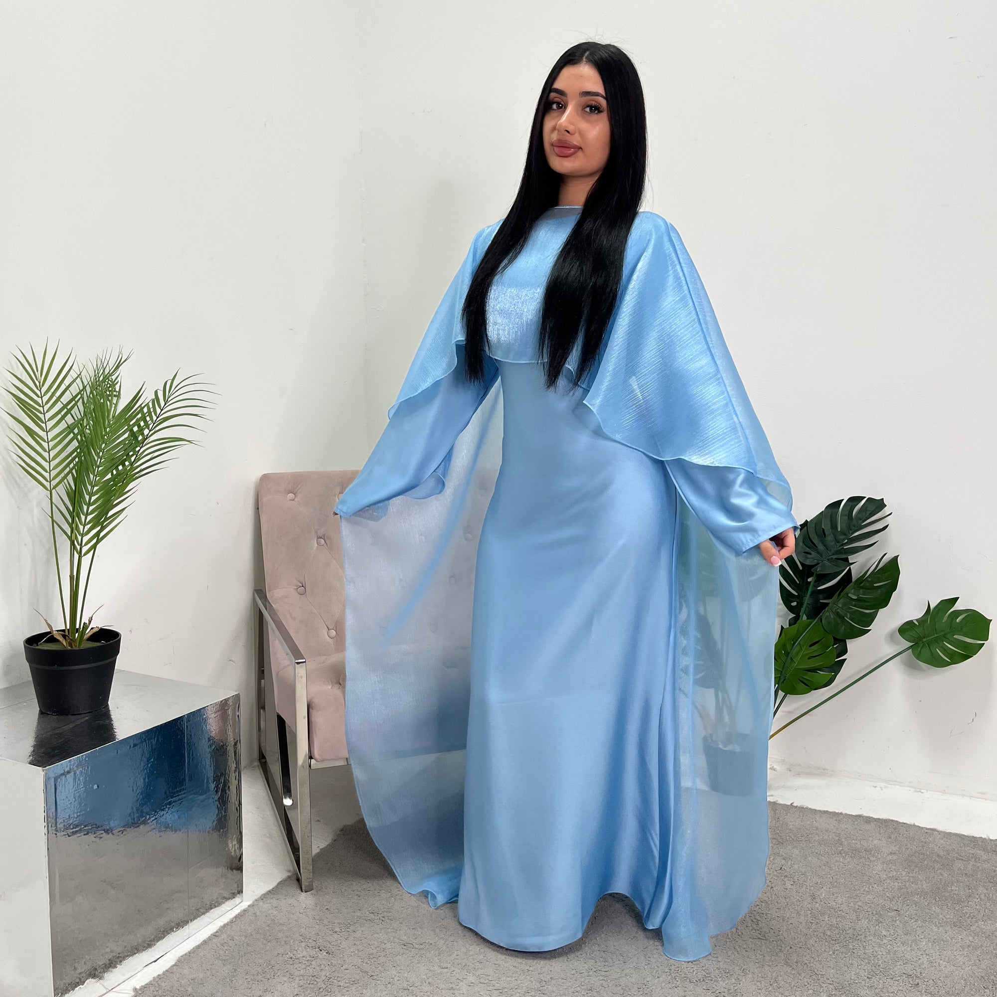 Miranda Sky Blue Two Piece Satin Dress With Mesh Cape