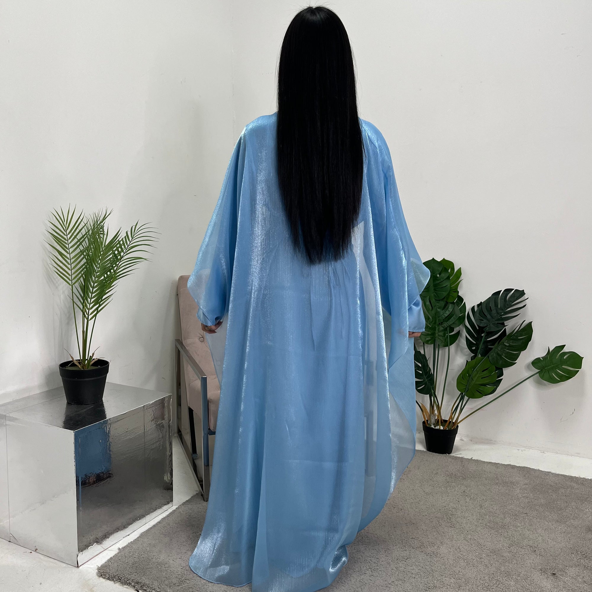 Miranda Sky Blue Two Piece Satin Dress With Mesh Cape